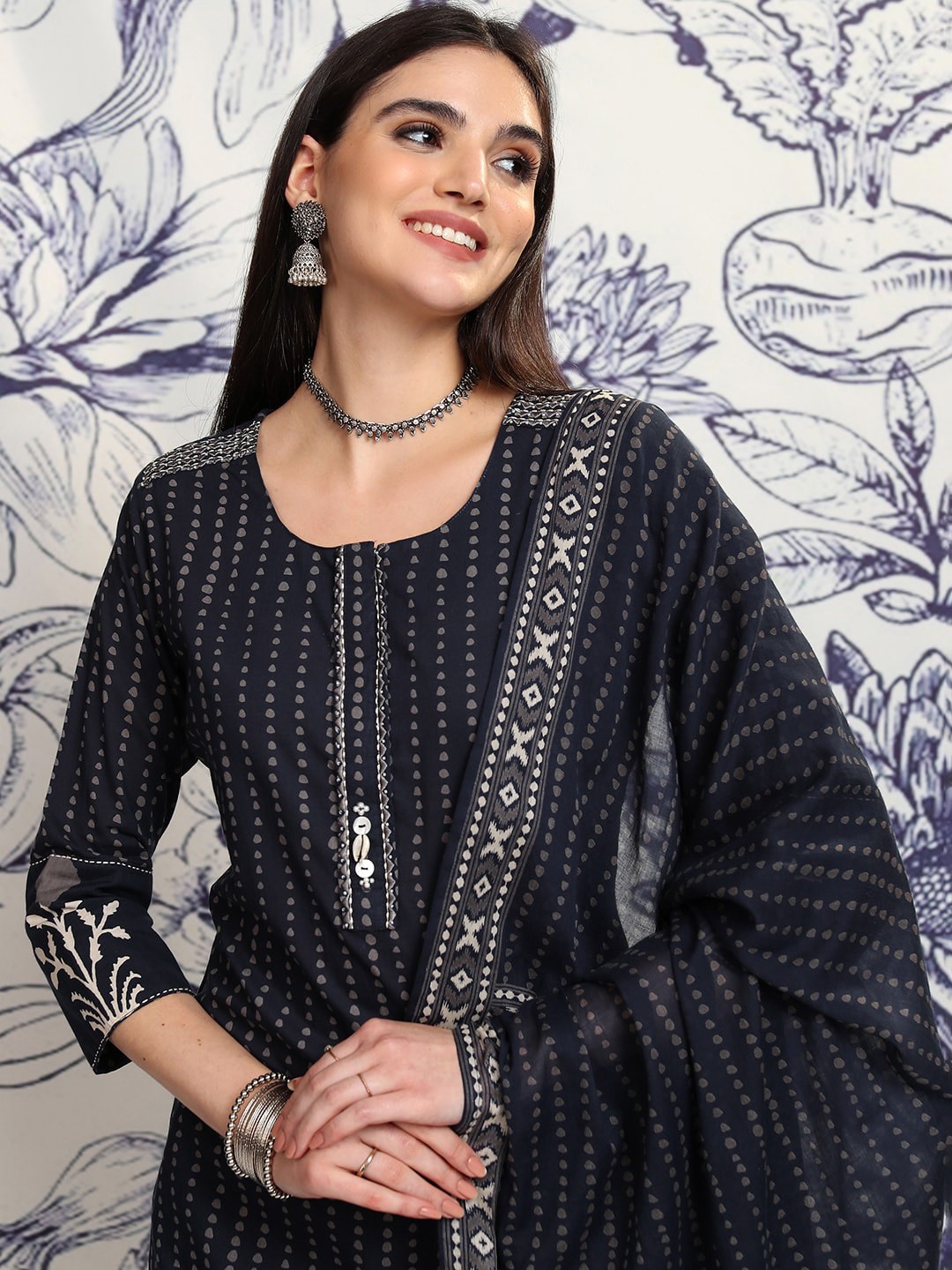 

Vishudh Navy Blue Ethnic Motifs Printed Pure Cotton Straight Kurta & Trousers With Dupatta