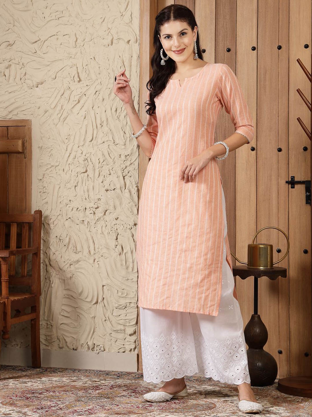

Stylum Peach Striped Notched Neck Gotta Patti Straight Kurta