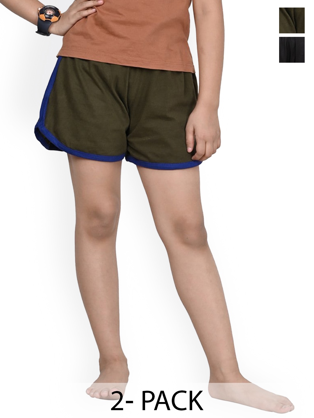 

BAESD Girls Pack Of 2 High-Rise Above Knee Pure Cotton Hot Pants, Olive