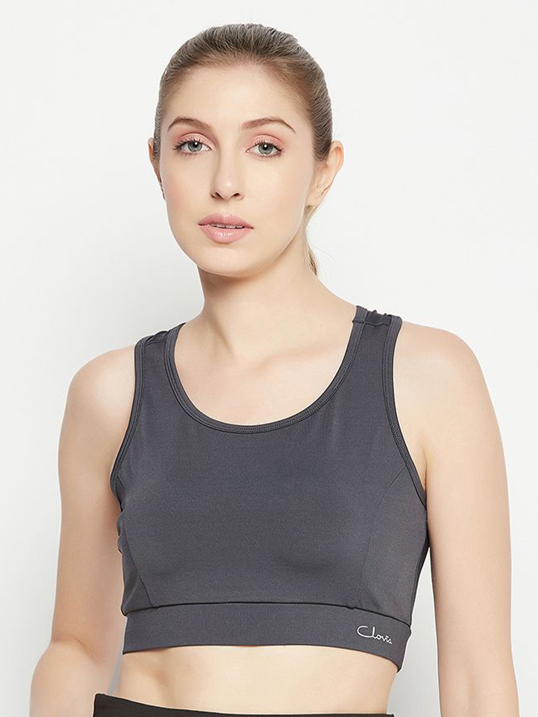 

Clovia Grey Full Coverage Impact Lightly Padded Racerback Workout Bra With All Day Comfort
