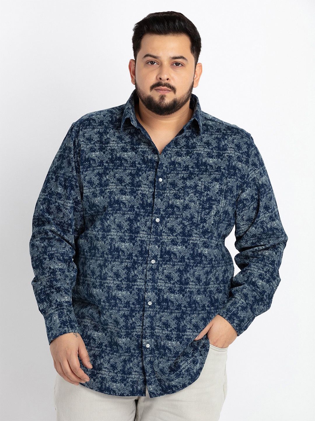 

UNSIZED Comfort Floral Printed Mandarin Collar Casual Shirt, Blue