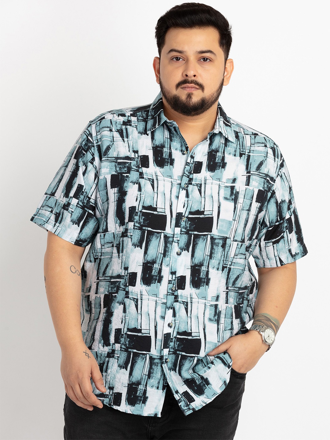 

UNSIZED Comfort Printed Mandarin Collar Casual Shirt, Off white