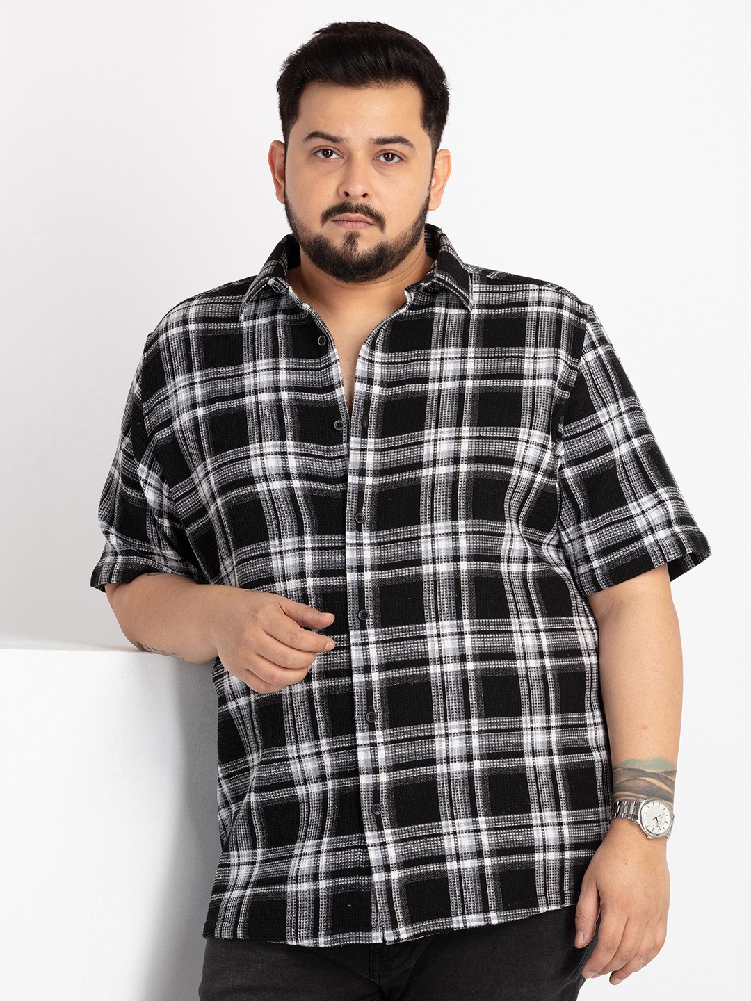 

UNSIZED Comfort Tartan Checked Mandarin Collar Casual Shirt, Black