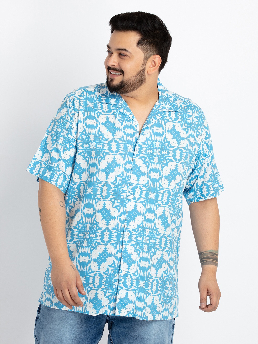 

UNSIZED Comfort Floral Printed Mandarin Collar Casual Shirt, Blue