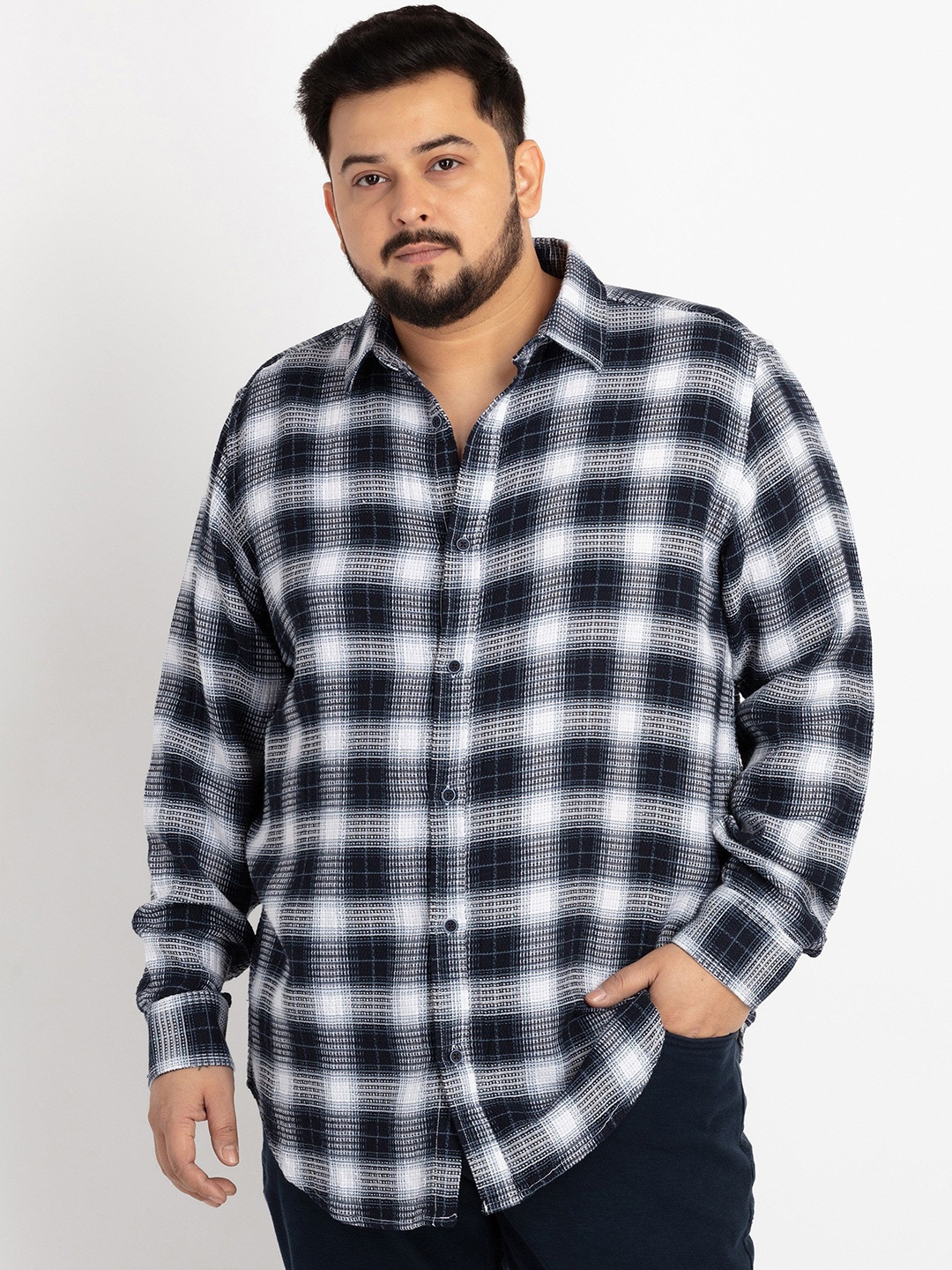 UNSIZED Plus Size Comfort Tartan Checks Cotton Casual Shirt, Off white