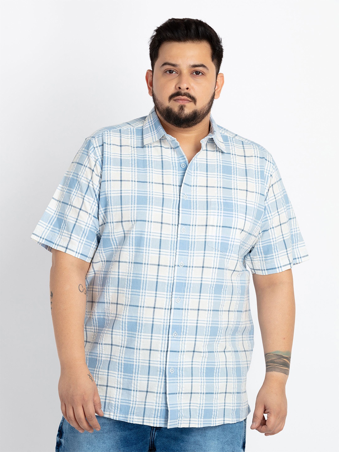 

UNSIZED Comfort Tartan Checked Spread Collar Casual Shirt, Blue