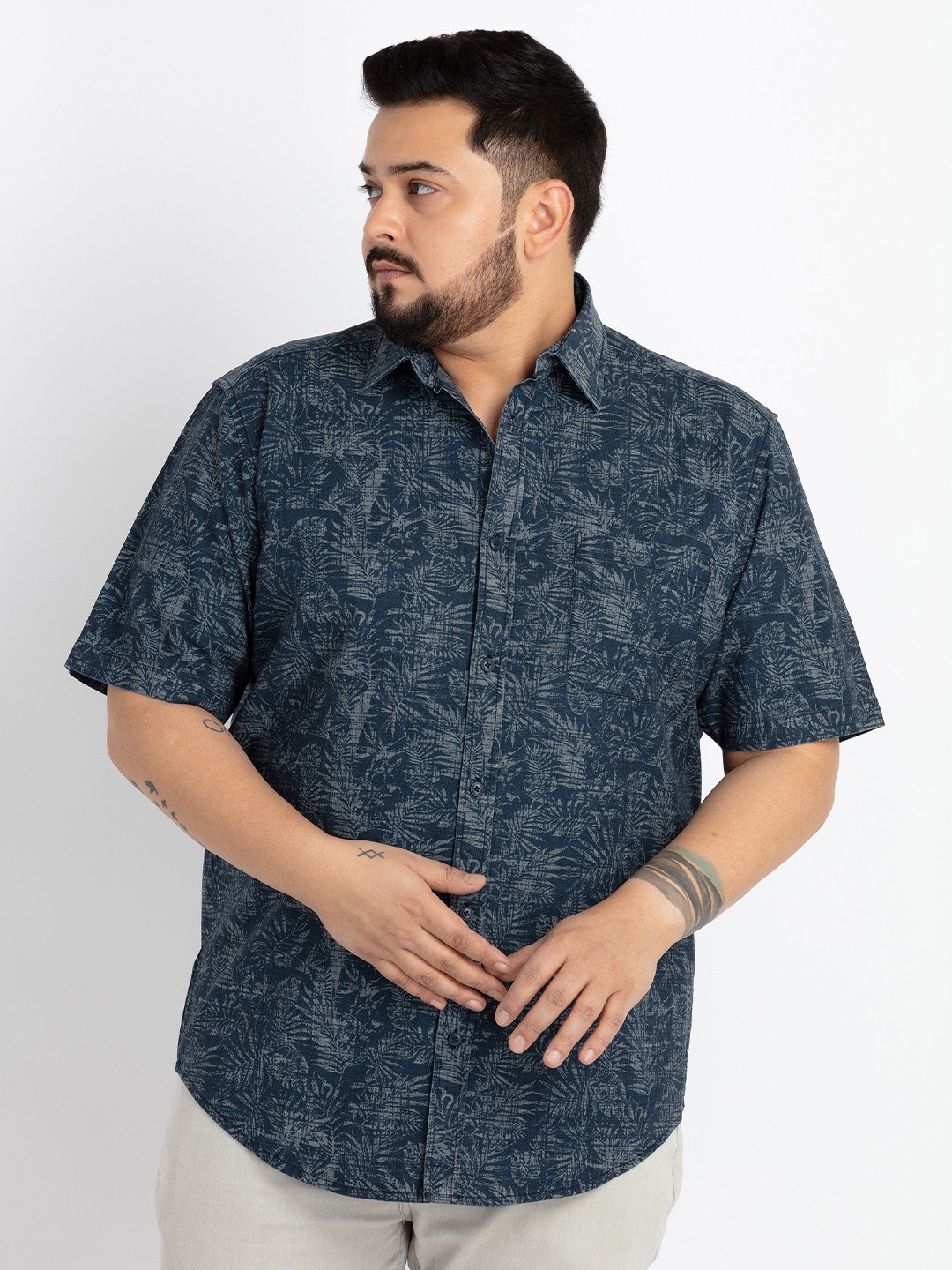 

UNSIZED Plus Size Comfort Floral Printed Denim Weave Pure Cotton Casual Shirt, Blue