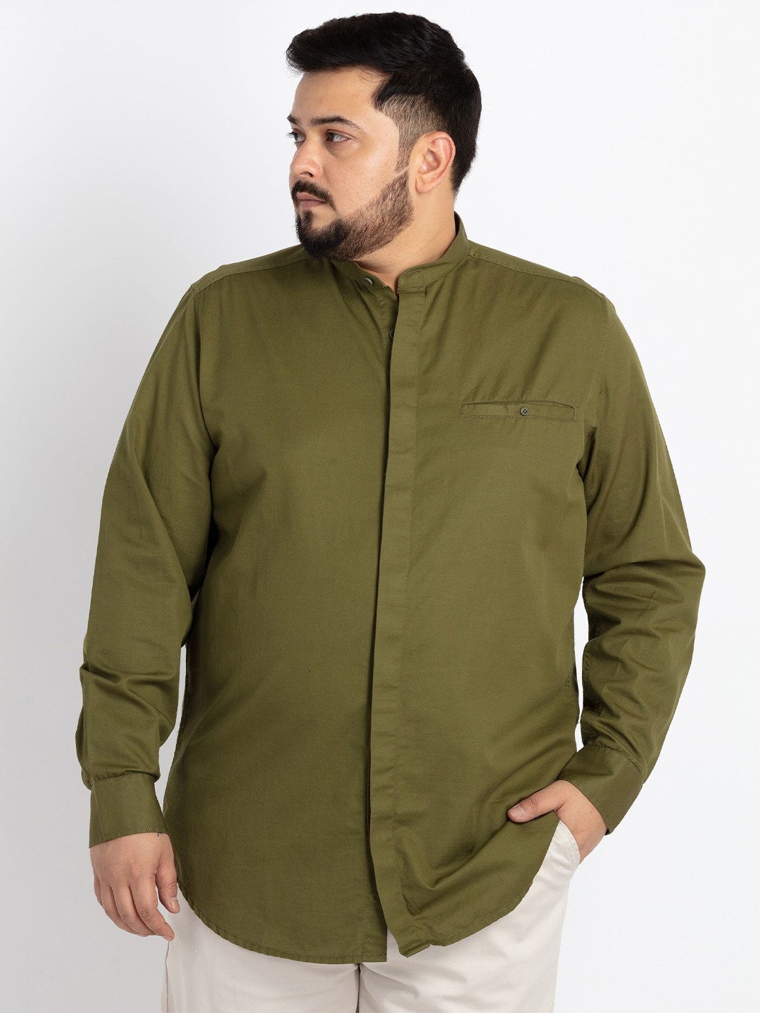 

UNSIZED Comfort Mandarin Collar Casual Shirt, Olive