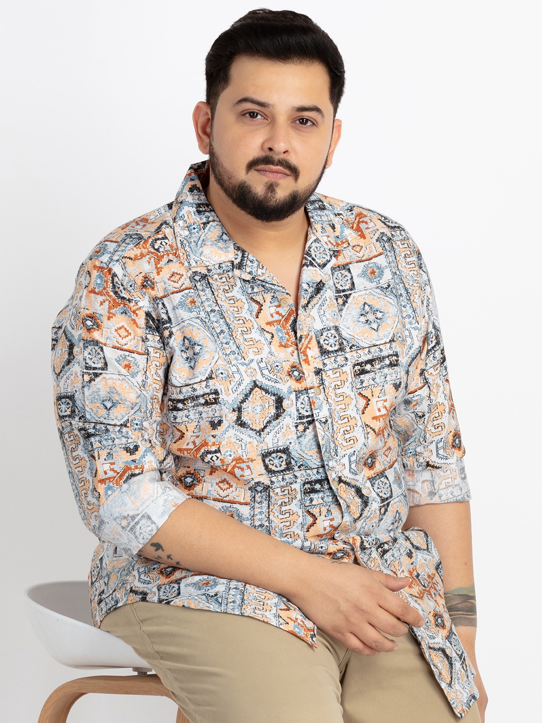 UNSIZED Plus Size Comfort Abstract Printed Casual Shirt, Beige