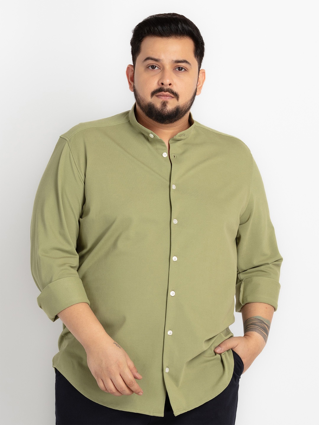 UNSIZED Comfort Mandarin Collar Casual Shirt, Olive