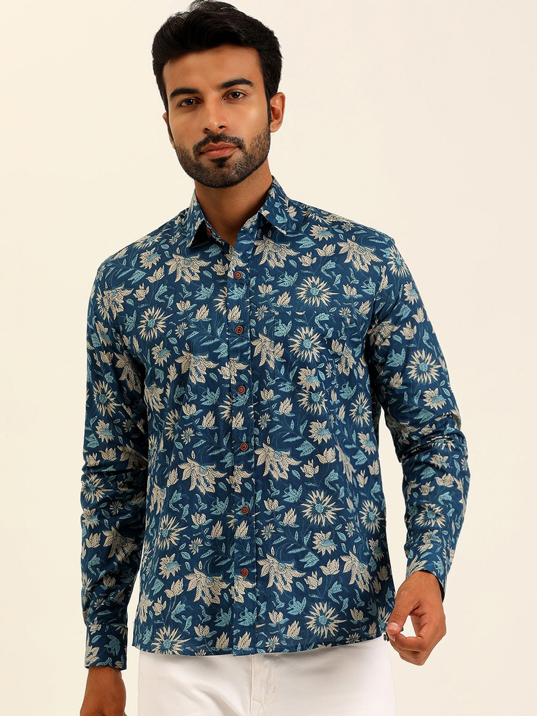 

SPS Relaxed Floral Printed Spread Collar Cotton Casual Shirt, Blue