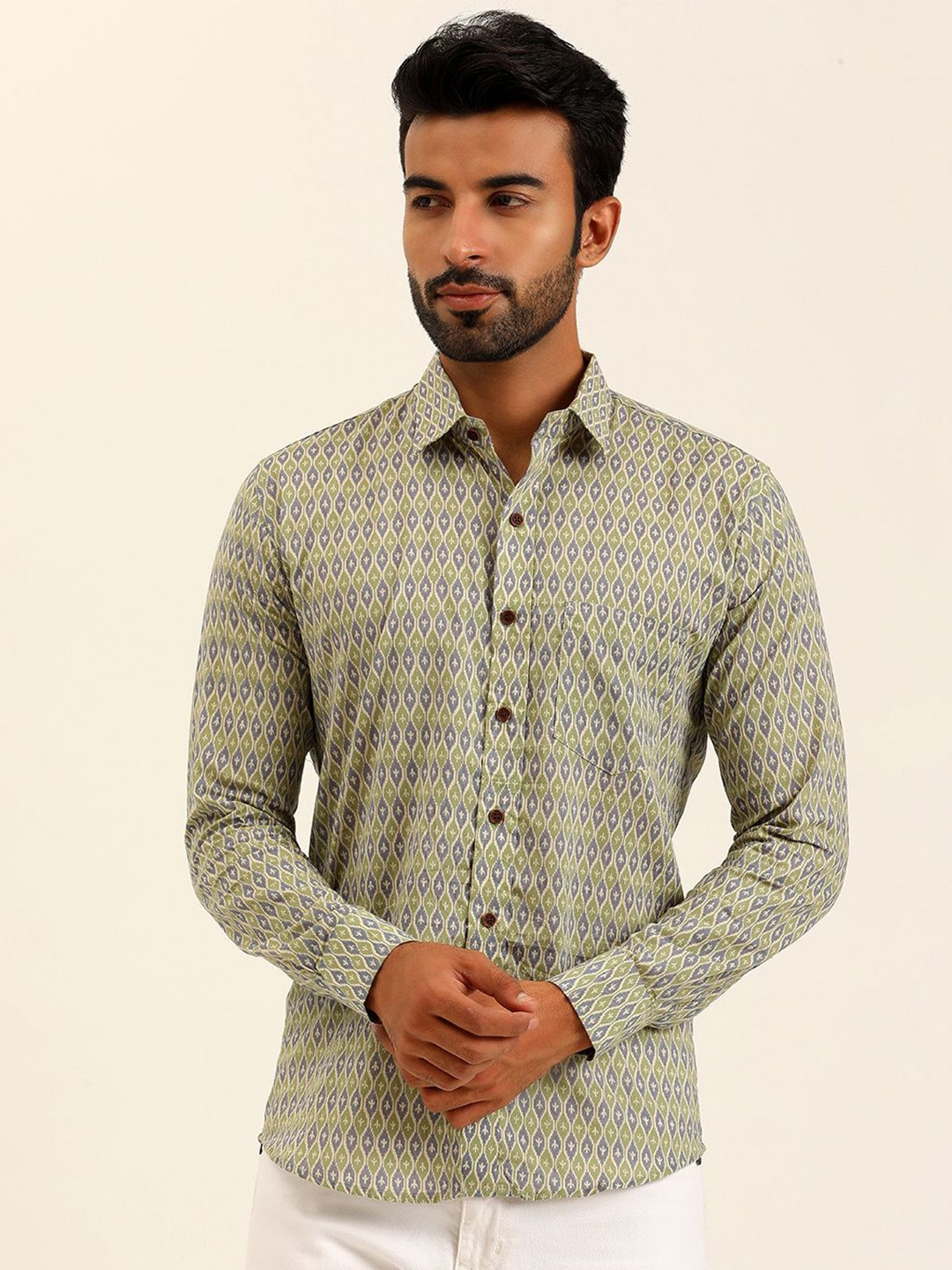 

SPS Relaxed Floral Printed Spread Collar Cotton Casual Shirt, Green