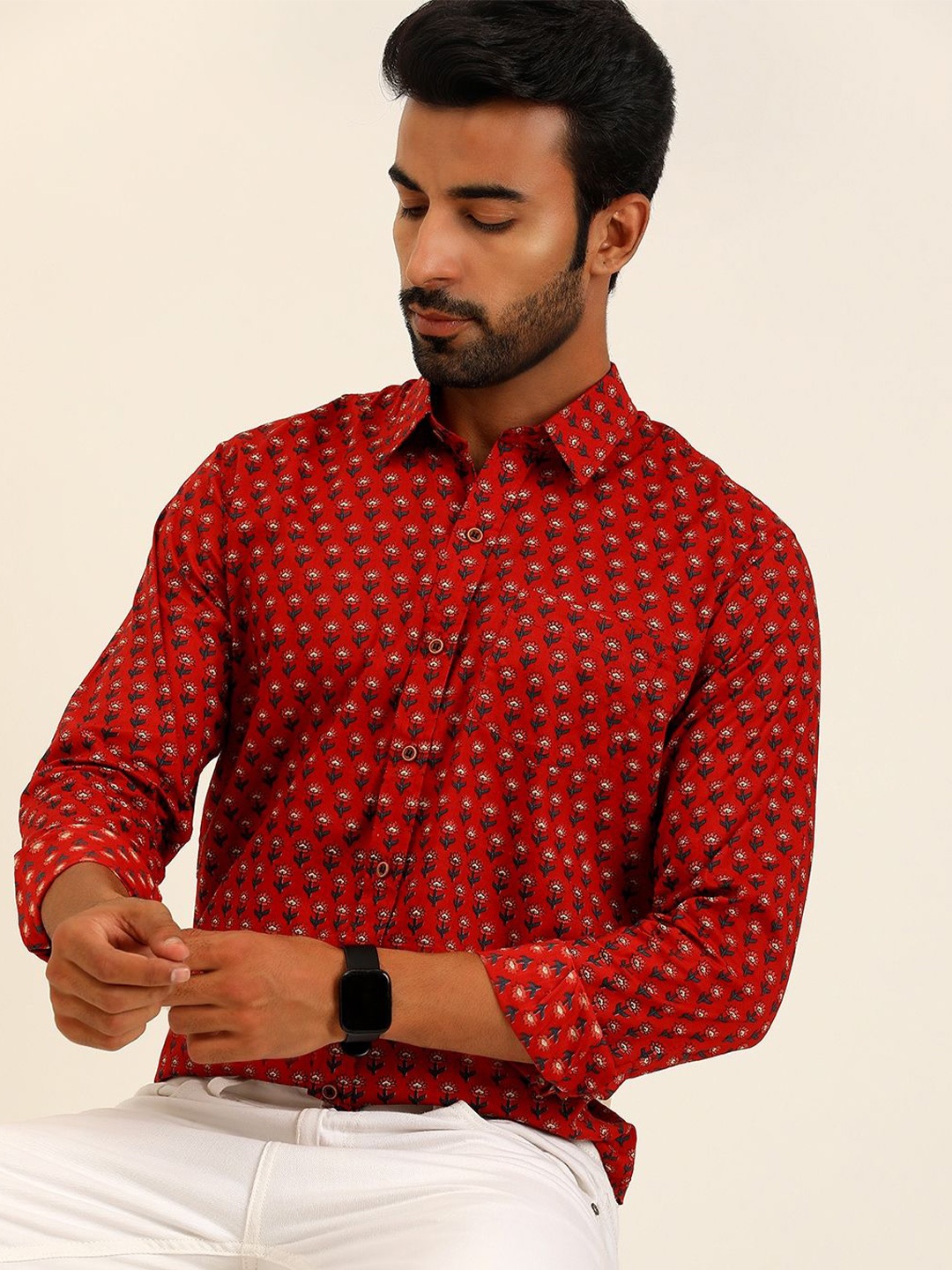 

SPS Relaxed Floral Printed Spread Collar Cotton Casual Shirt, Red