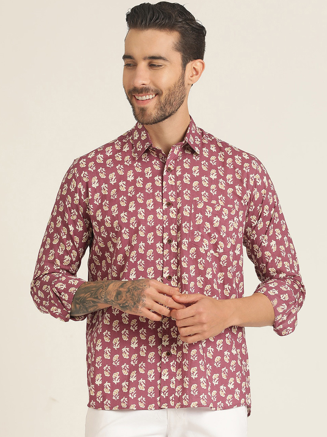 

SPS Relaxed Floral Printed Spread Collar Cotton Casual Shirt, Mauve