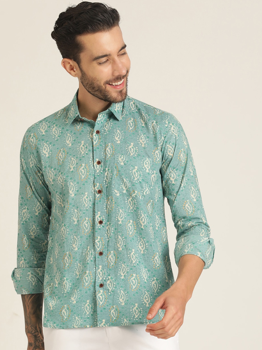 

SPS Relaxed Floral Printed Spread Collar Cotton Casual Shirt, Green