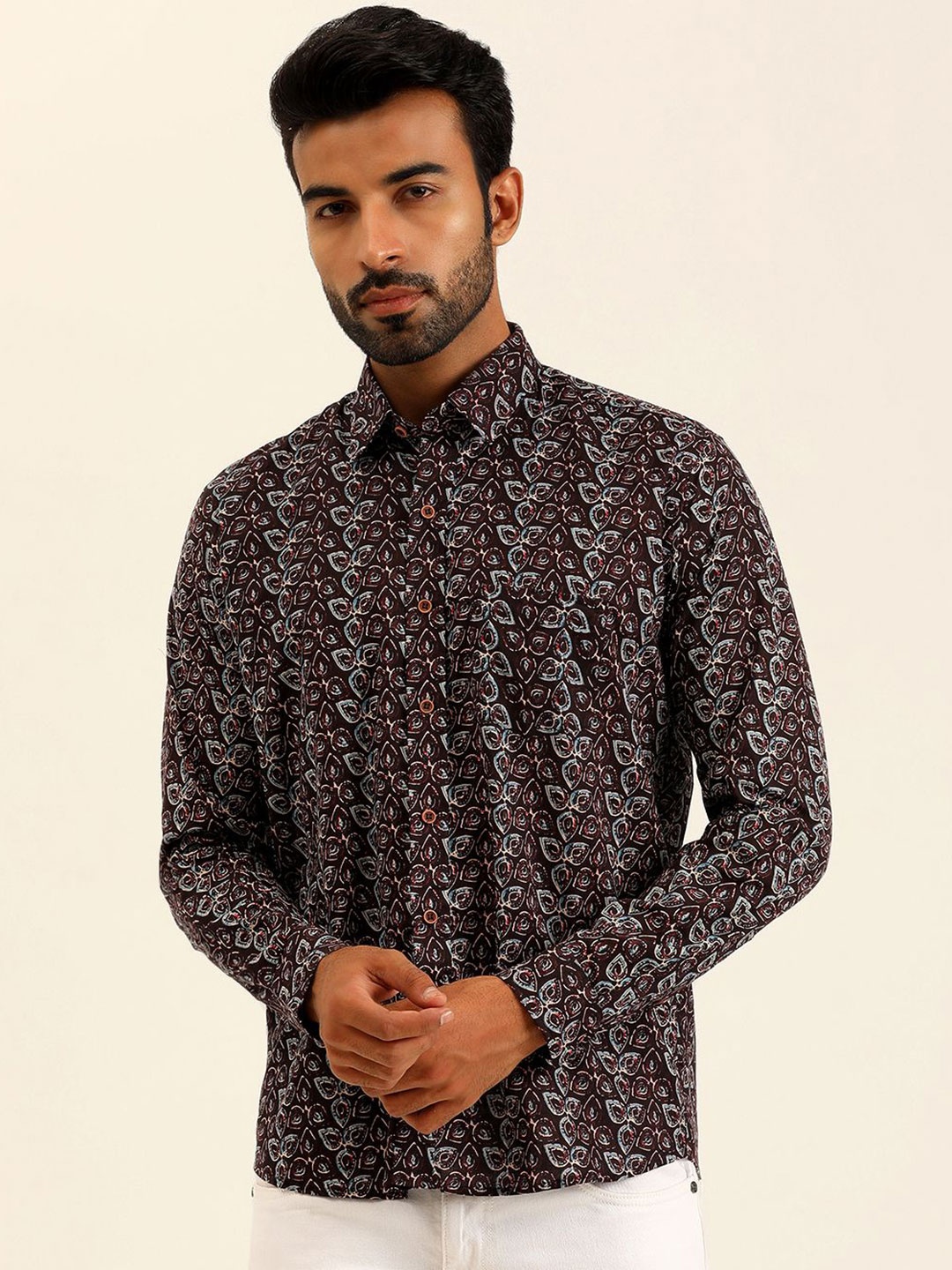 

SPS Relaxed Floral Printed Spread Collar Cotton Casual Shirt, Brown