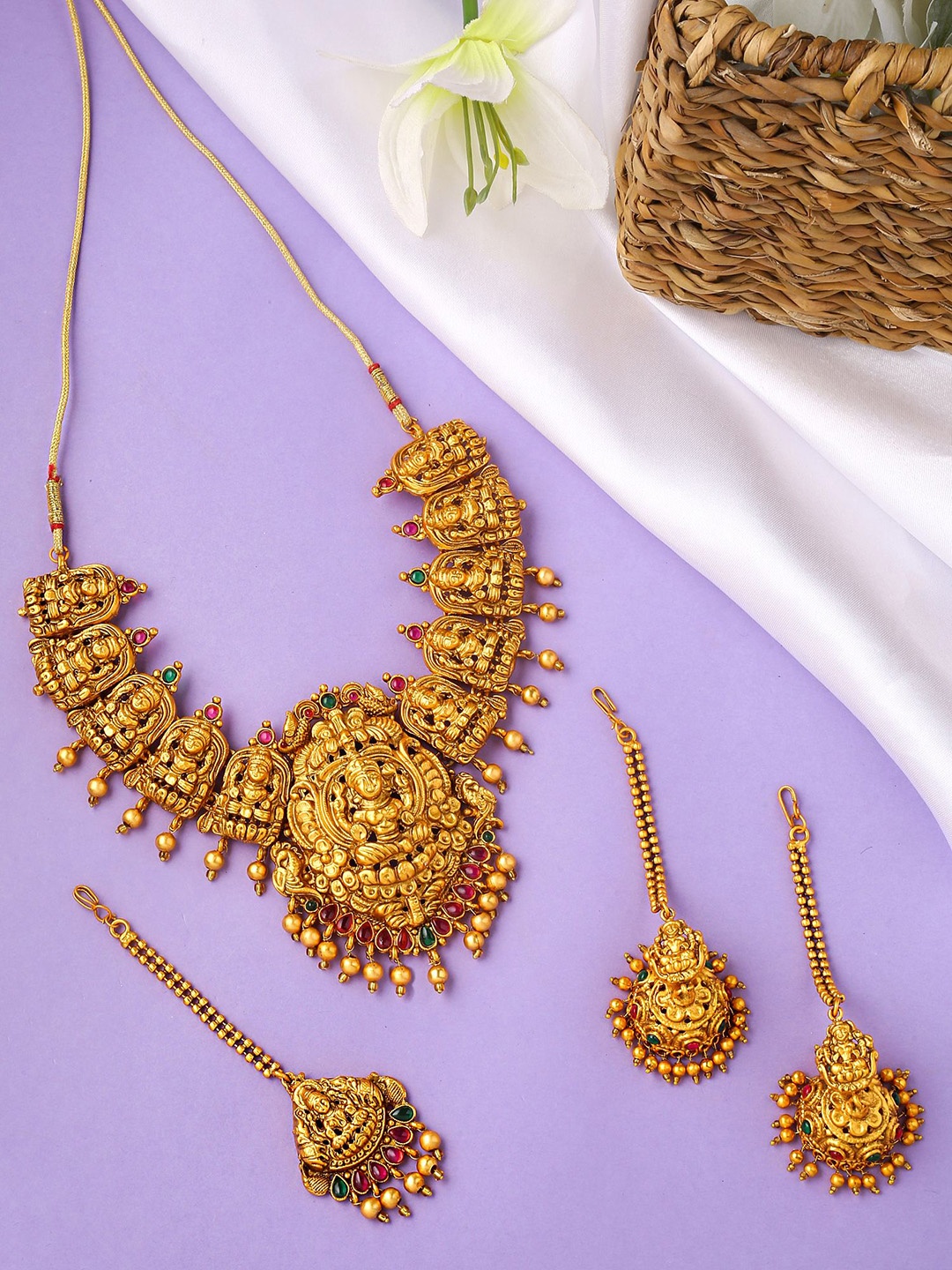 

Yellow Chimes Gold Plated Stones Studded Lakshmi Temple Jewellery Set With Maangtikka