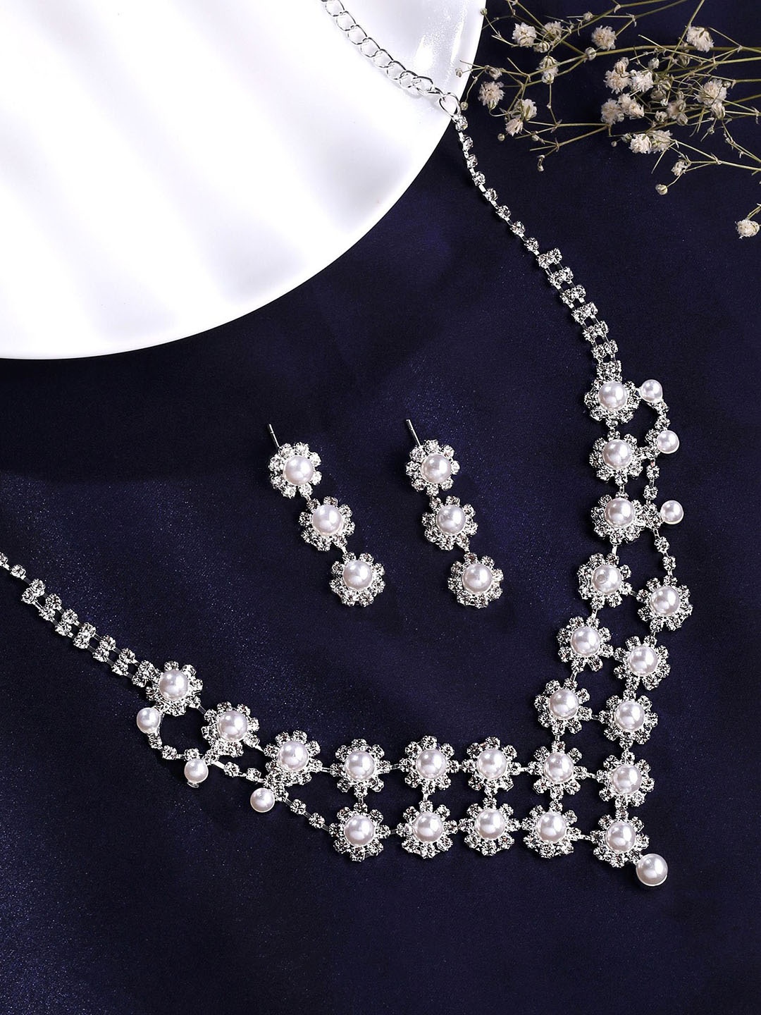

Yellow Chimes Silver-Plated Crystals Studded & Beaded Choker Jewellery Set