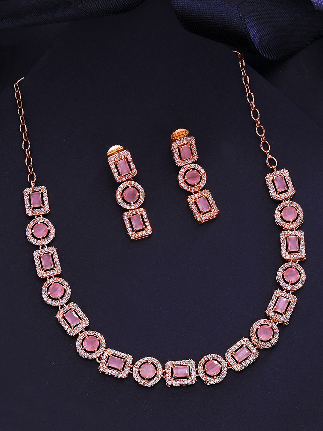 

Yellow Chimes Rose Gold Plated American Diamond Studded Jewellery Set