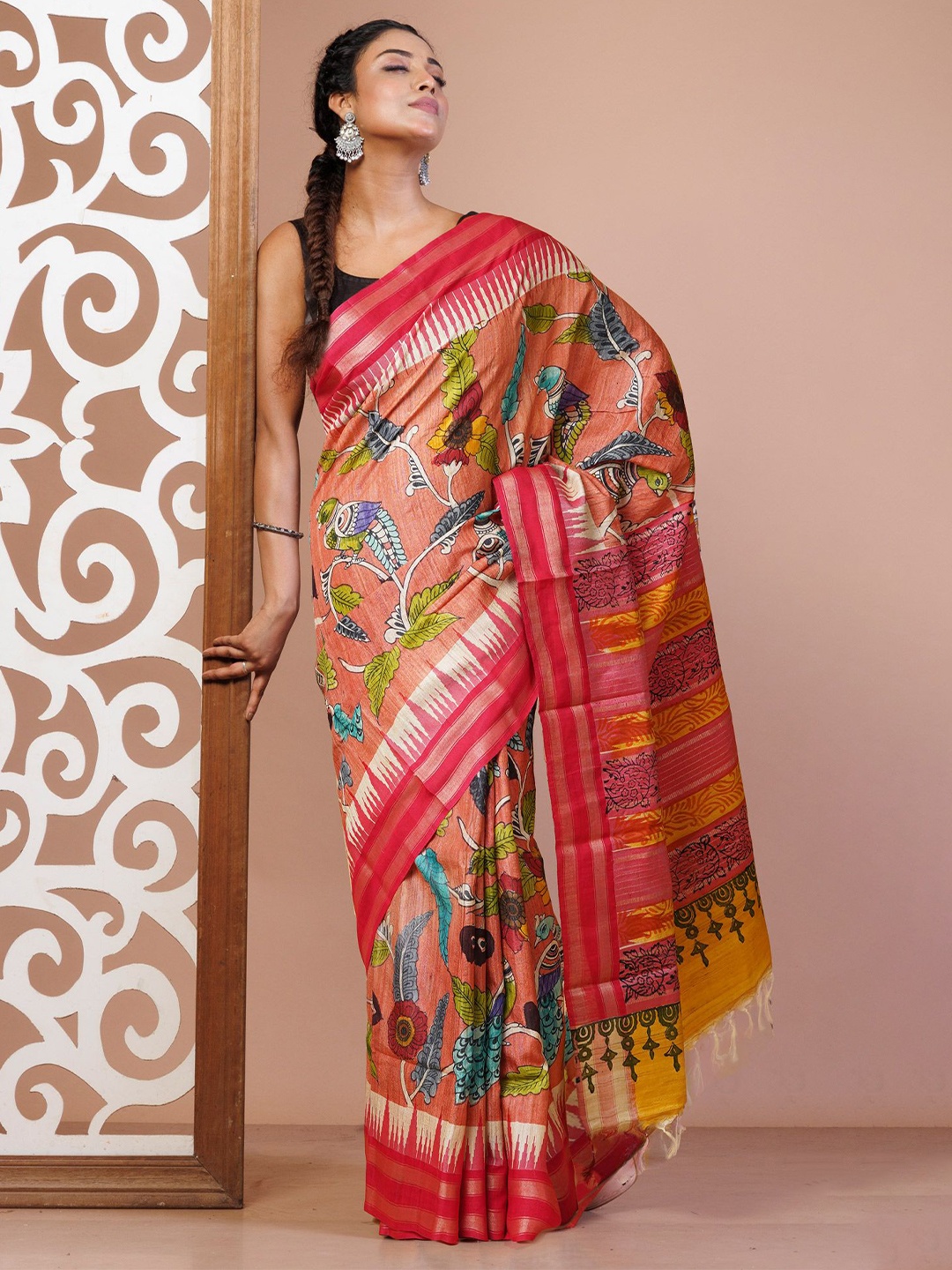 

Unnati Silks Kalamkari Zari Pure Silk Handloom Tussar Saree, Peach