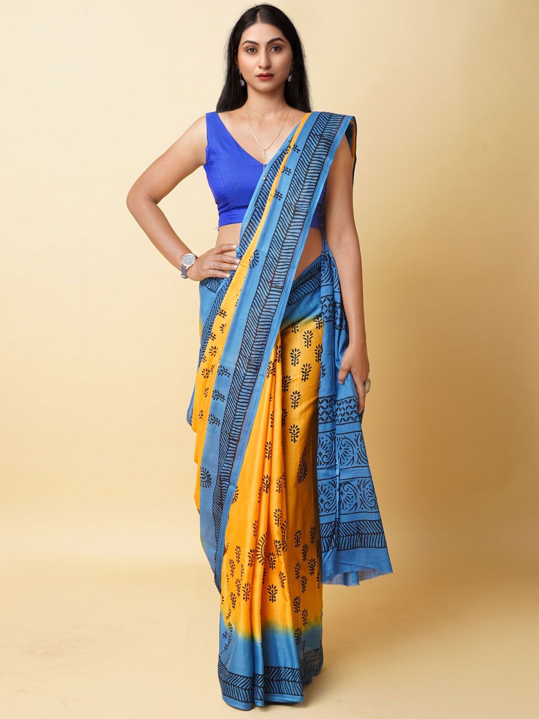 

Unnati Silks Ethnic Motifs Pure Cotton Handloom Block Print Saree, Yellow