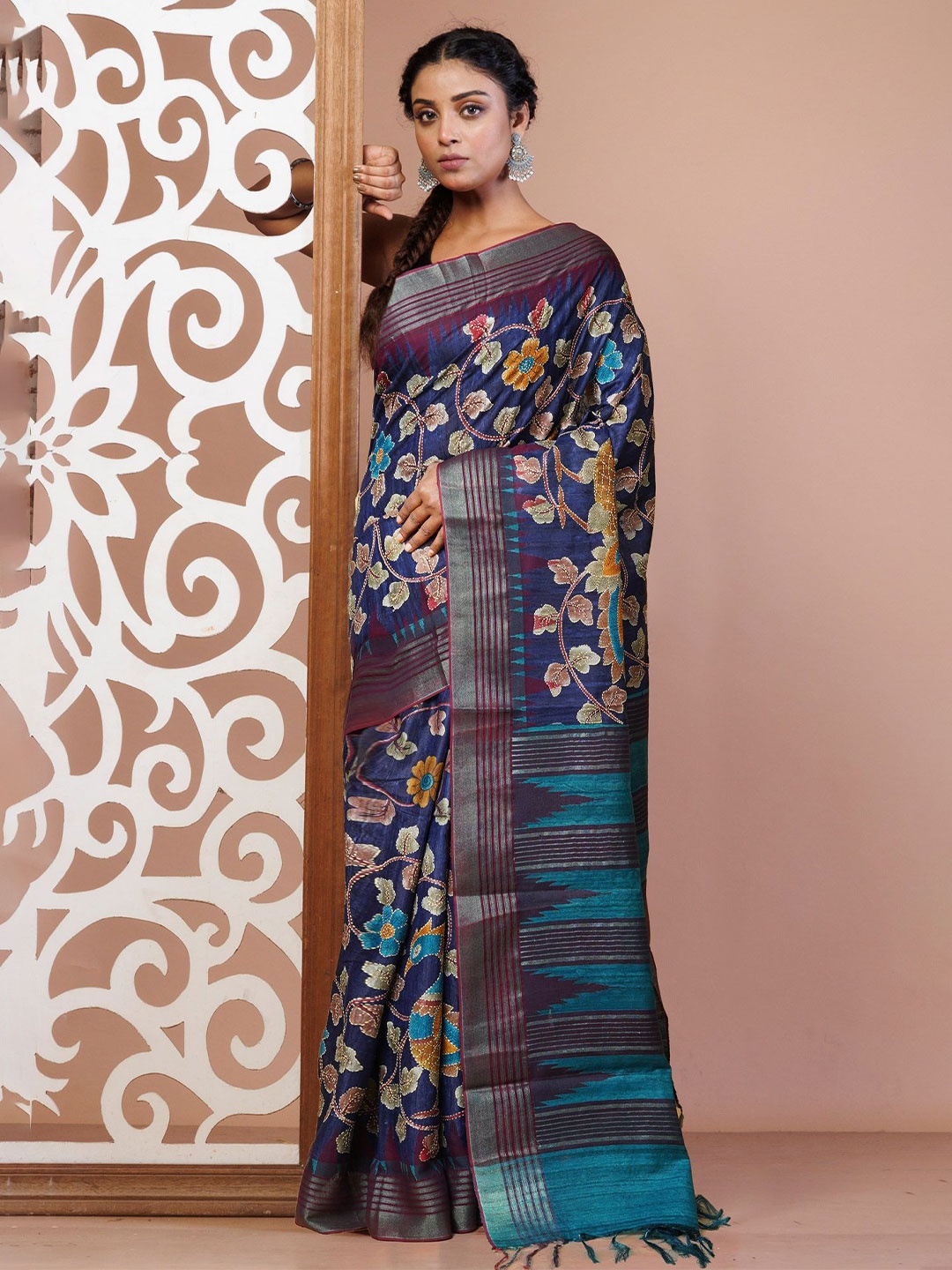 

Unnati Silks Ethnic Motifs Kantha Work Pure Silk Tussar Saree, Blue