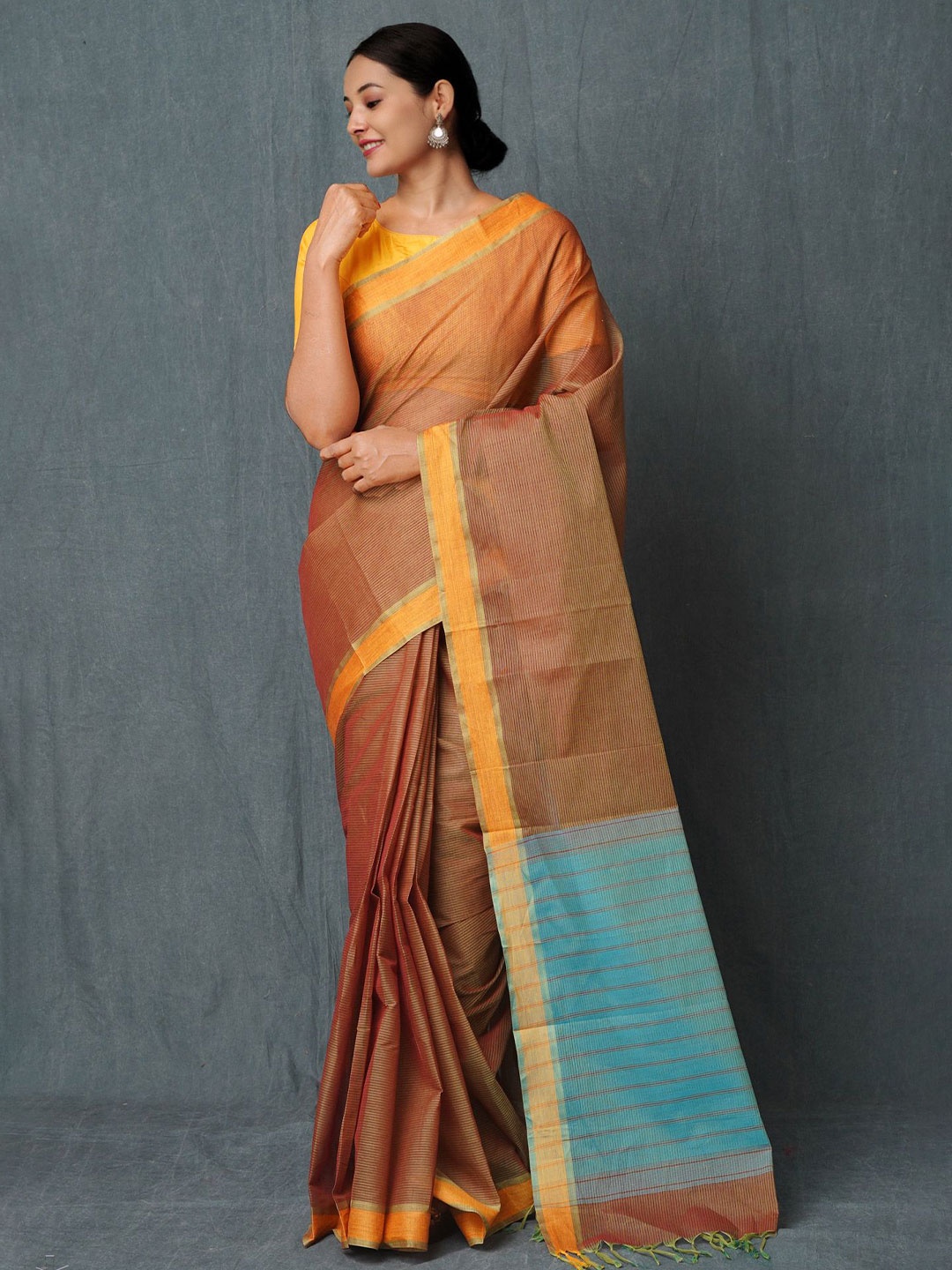 

Unnati Silks Ethnic Motifs Pure Cotton Handloom Mangalagiri Saree, Brown