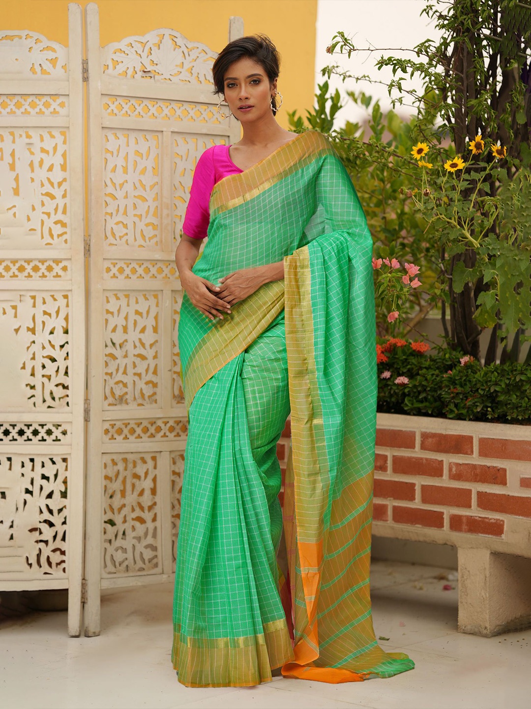 

Unnati Silks Checked Zari Pure Cotton Handloom Mangalagiri Saree, Green