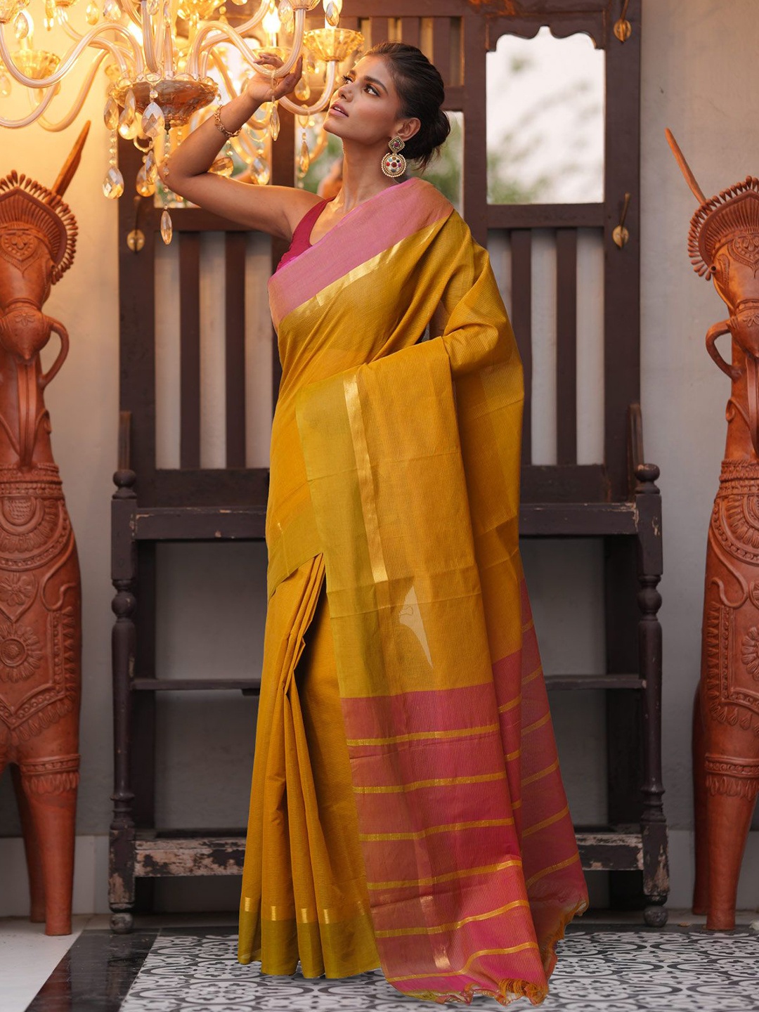 

Unnati Silks Ethnic Motifs Zari Pure Cotton Handloom Mangalagiri Saree, Brown