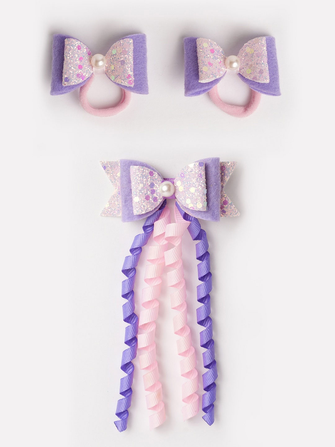 

RIBBON CANDY Girls Set of 3 Embellished Ponytail Holders & Alligator Hair Clip, Lavender