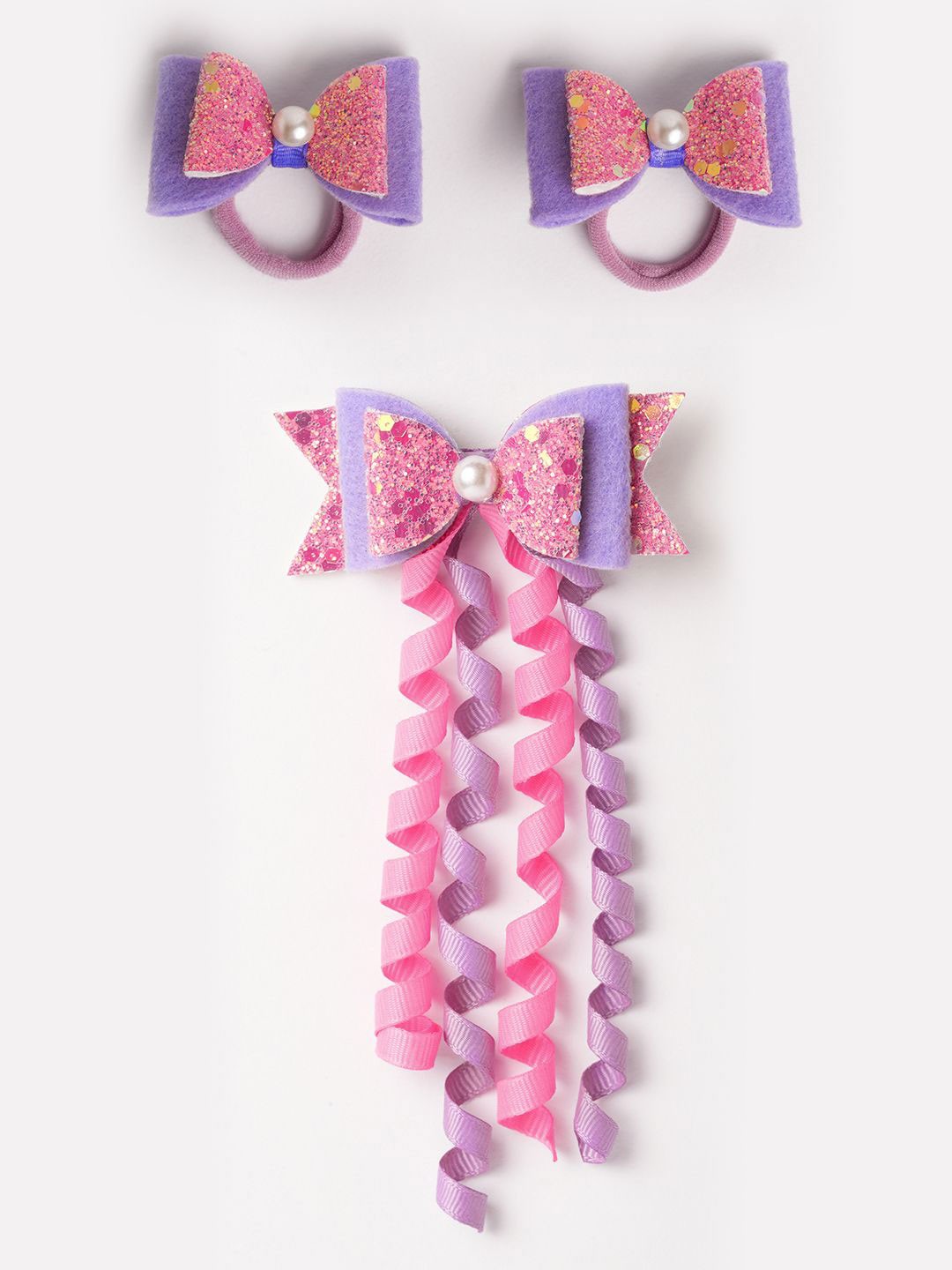 

RIBBON CANDY Girls Set of 3 Embellished Ponytail Holders & Alligator Hair Clip, Pink