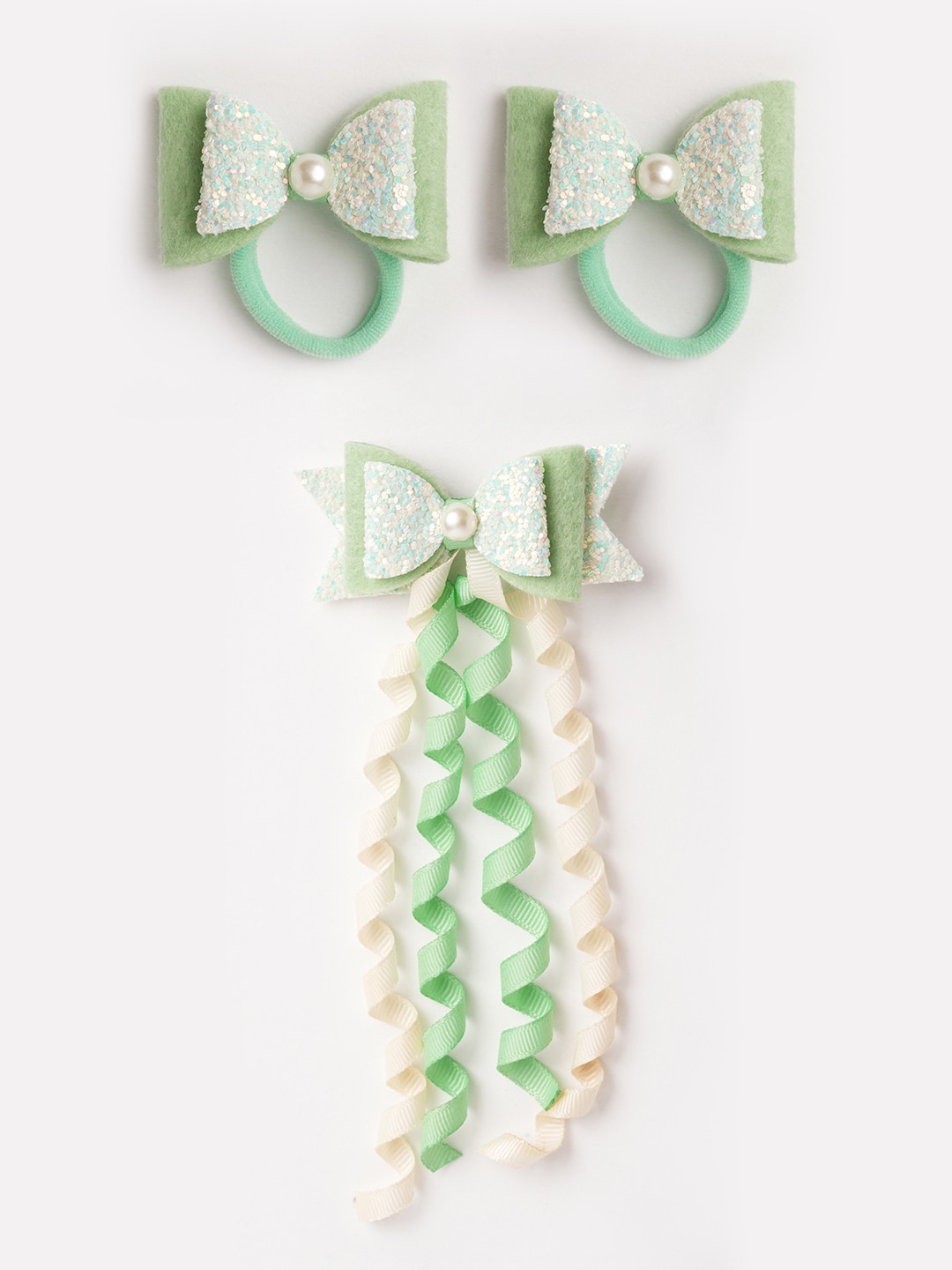 

RIBBON CANDY Girls Set of 3 Embellished Ponytail Holders & Alligator Hair Clip, Sea green