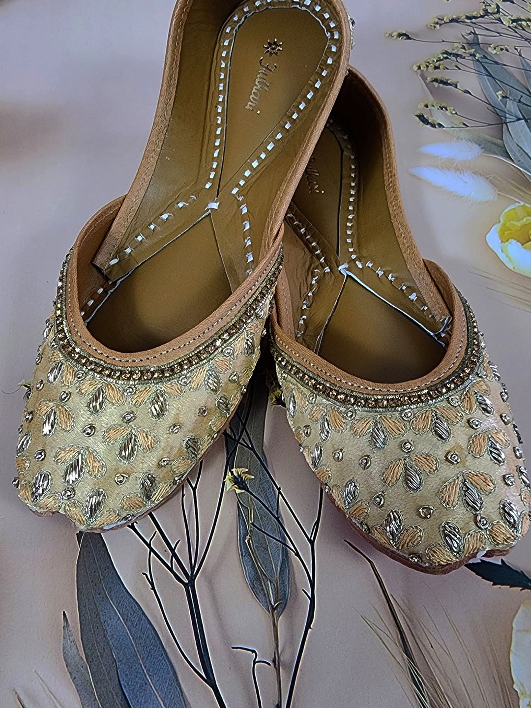 

Fulkari Embellished Round Toe Leather Mojaris, Gold