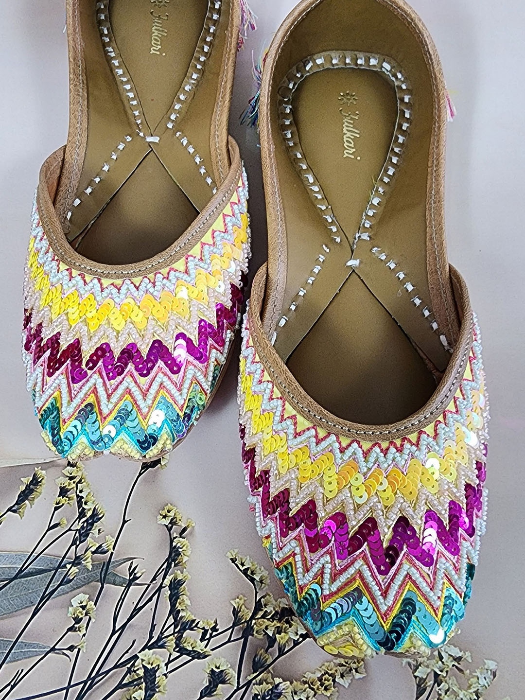 

Fulkari Embroidered Round Toe Leather Mojaris, Yellow