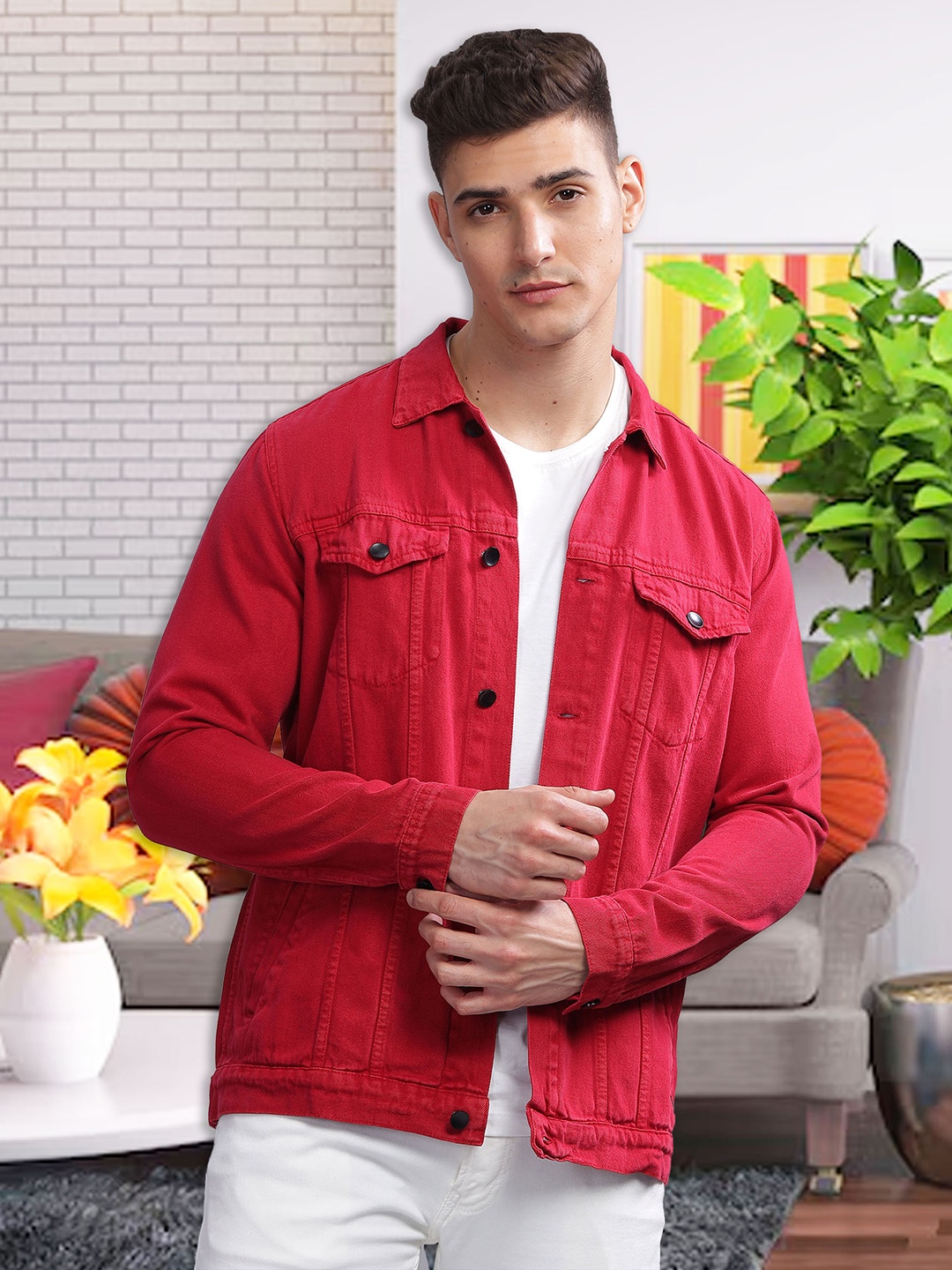 

Kuons Avenue Spread Collar Denim Jacket, Red