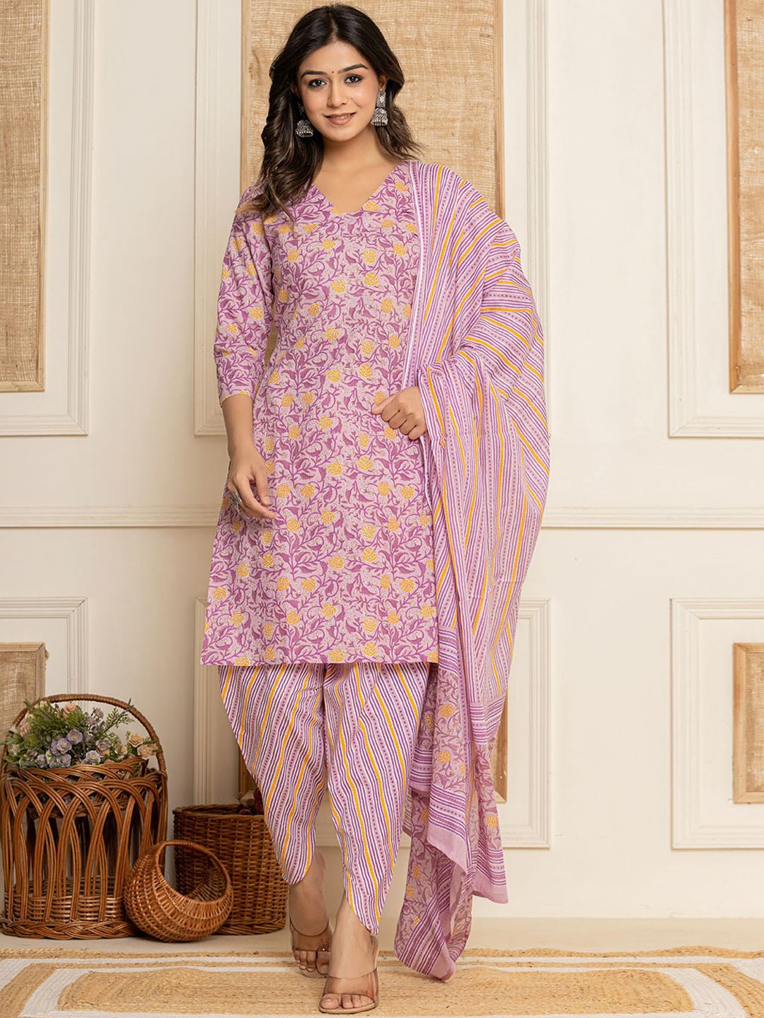 

Yufta Lavender & Yellow Floral Printed V-Neck Pure Cotton Kurta with Dhoti Pants & Dupatta