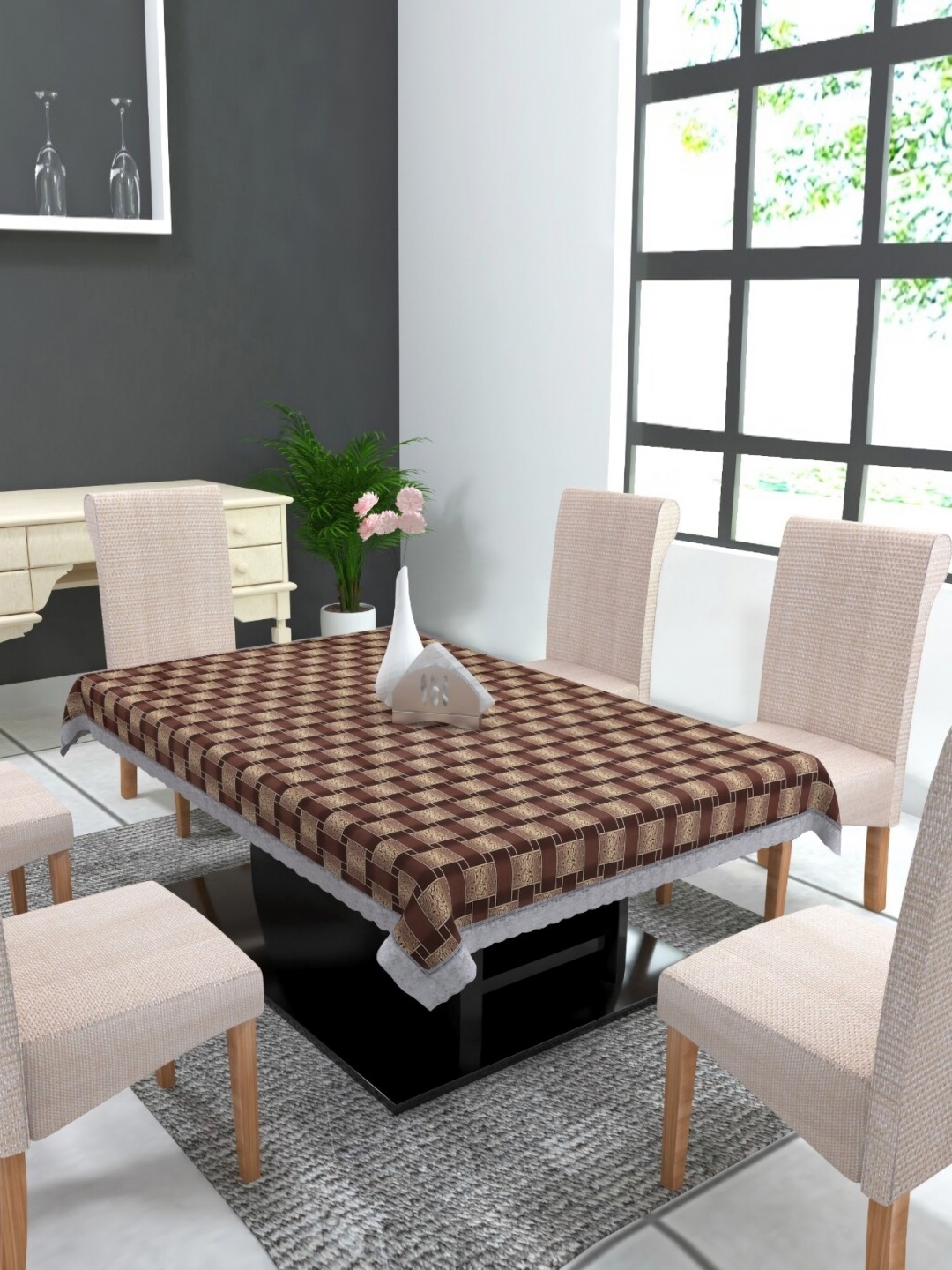 

MONKDECOR Brown Geometric Printed 6-Seater Table Cover