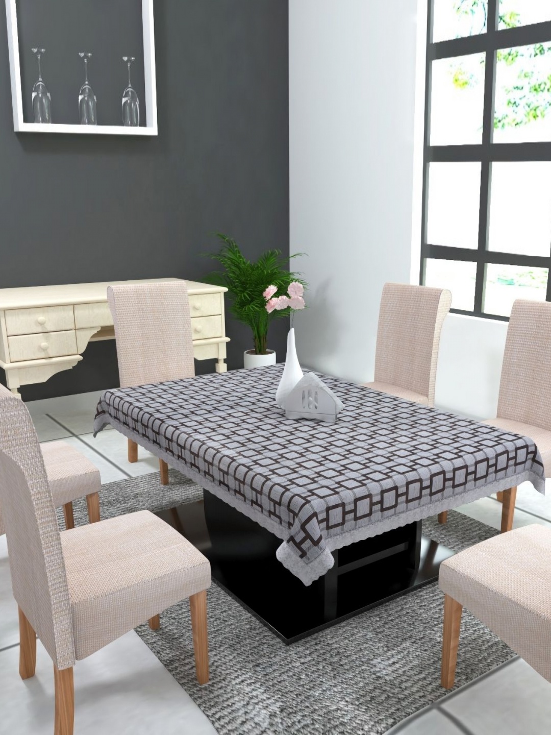 

MONKDECOR Grey Geometric Printed 6-Seater Table Cover