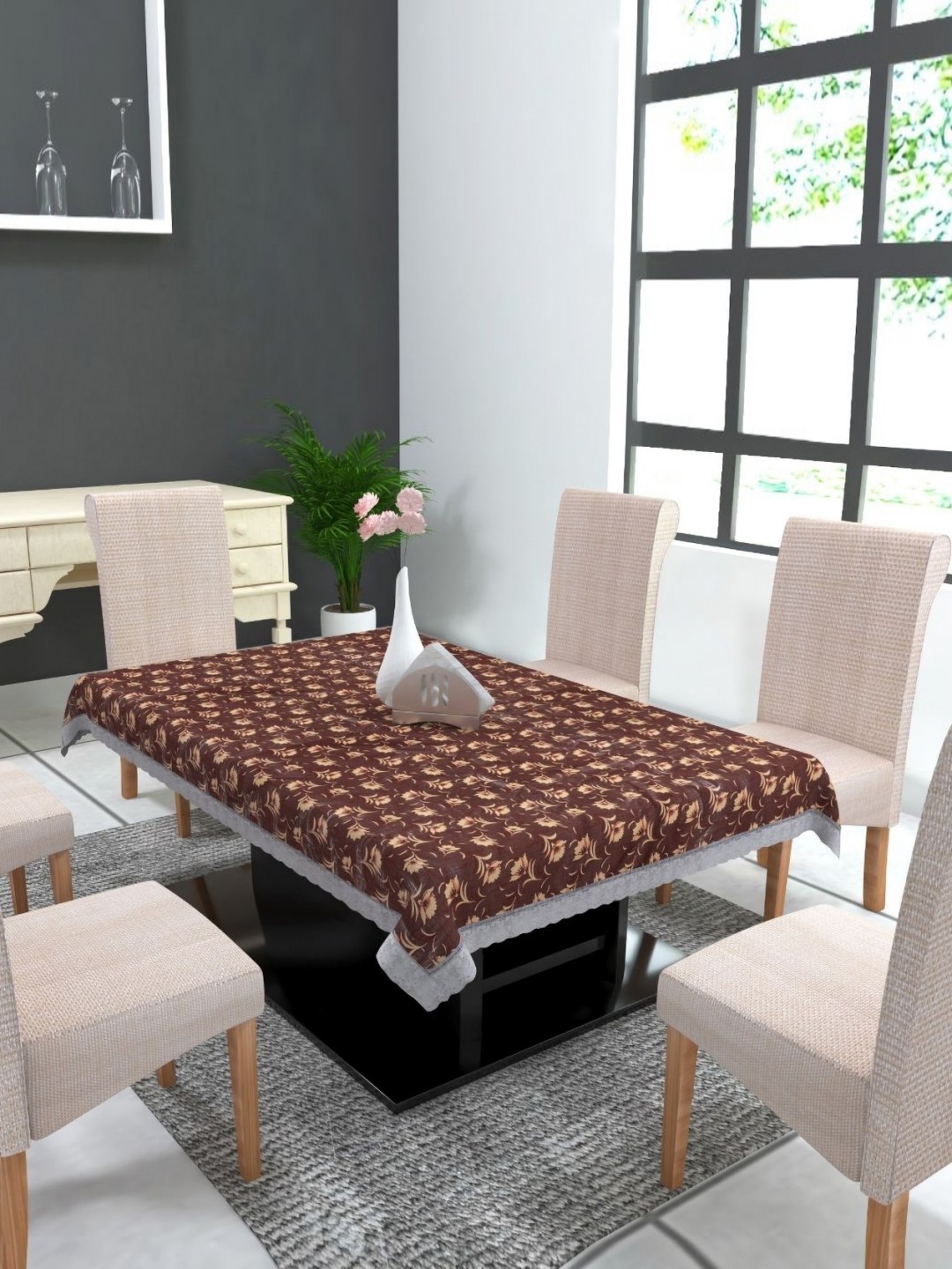 

MONKDECOR Brown Floral 8-Seater Table Cover
