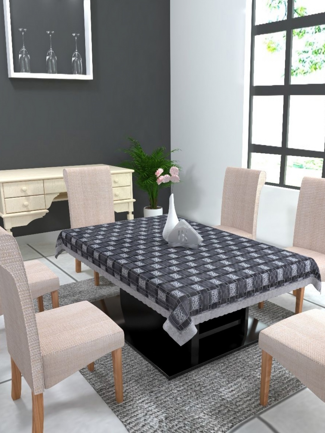 

MONKDECOR Grey Geometric Printed 8-Seater Table Cover