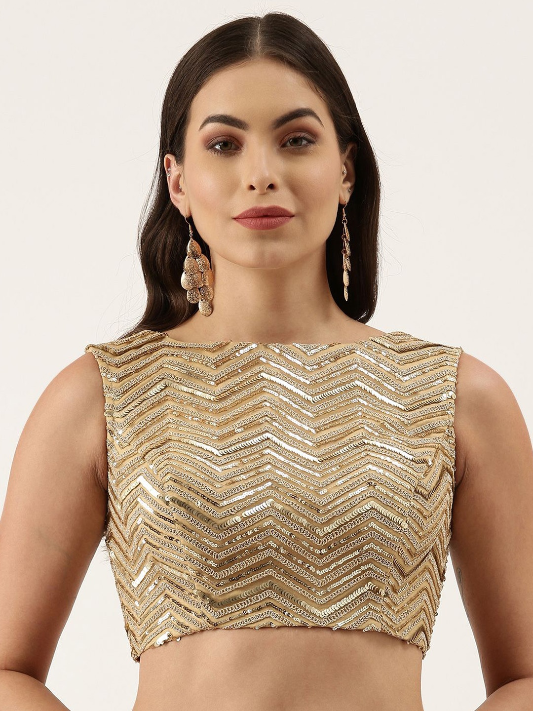 

panchhi Embroidered Sequinned Sleeveless Raw Silk Saree Blouse, Beige