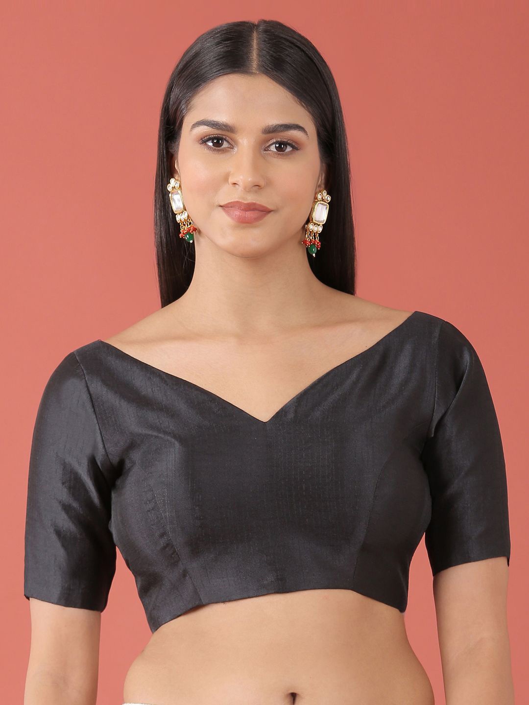 

panchhi V-Neck Pure Silk Saree Blouse, Black