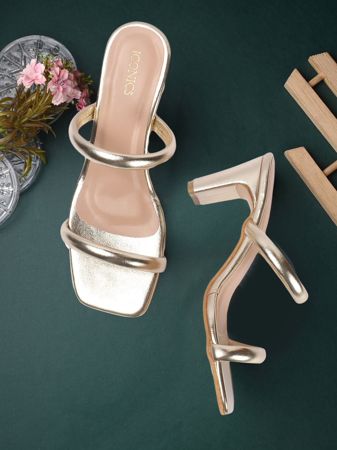 

ICONICS Open Toe Block Heels, Gold