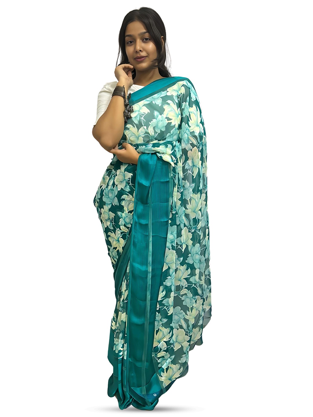 

SANJANA SILK Floral Satin Saree, Blue