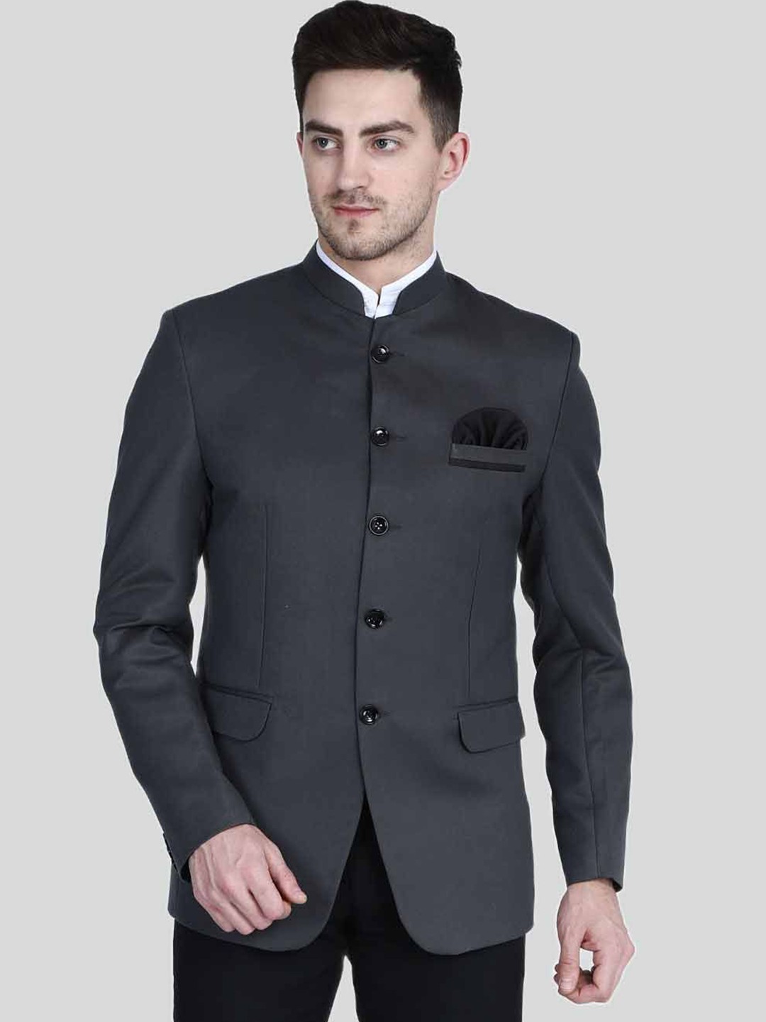 

TAHVO Mandarin Collar Bandhgala Party Blazer, Grey