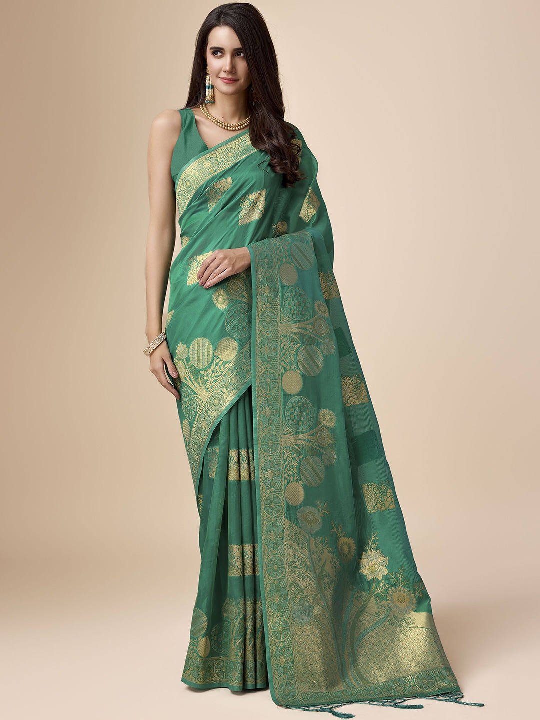 

Mitera Woven Design Zari Organza Saree, Green