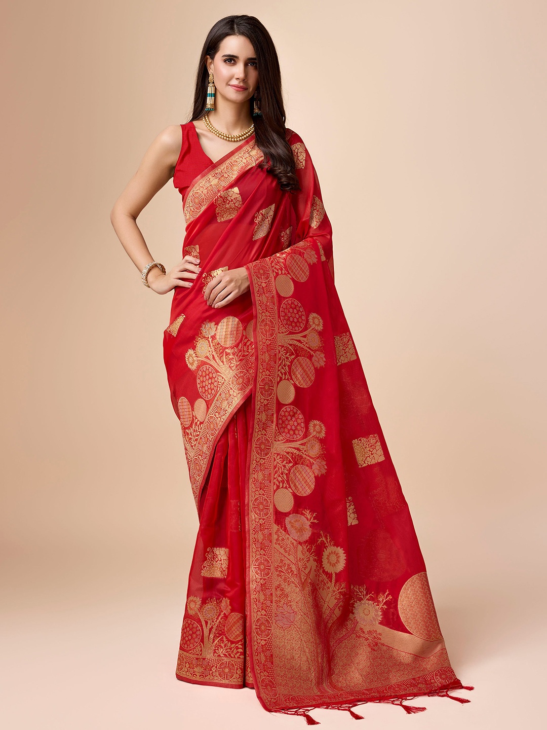 

Mitera Woven Design Organza Saree, Red