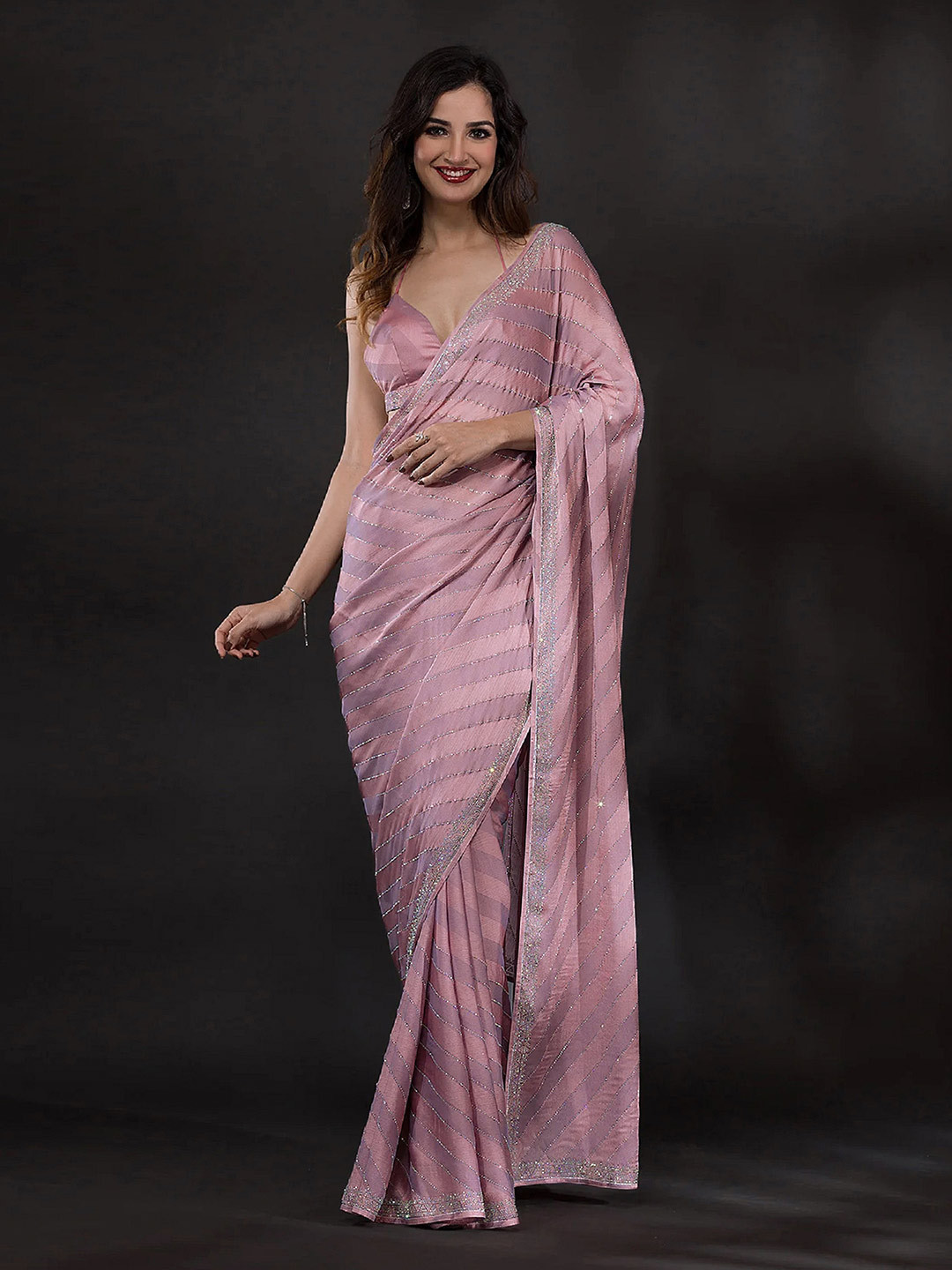 

Trendmalls Embellished Heavy Work Saree, Pink
