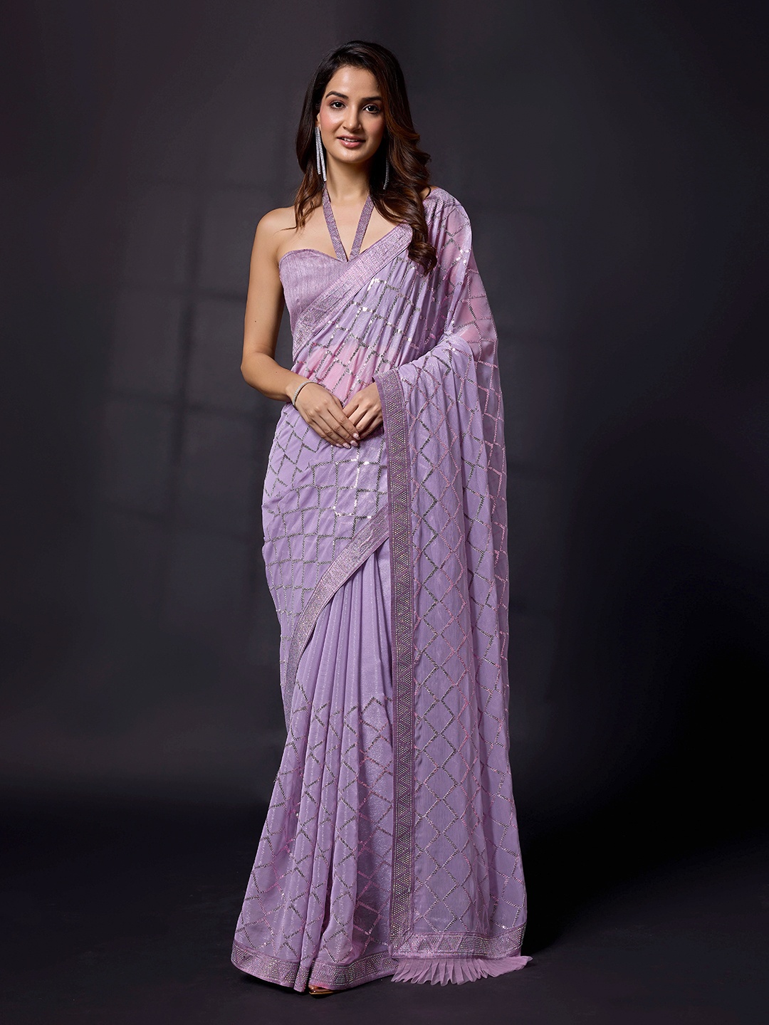 

Trendmalls Embellished Beads and Stones Heavy Work Saree, Purple