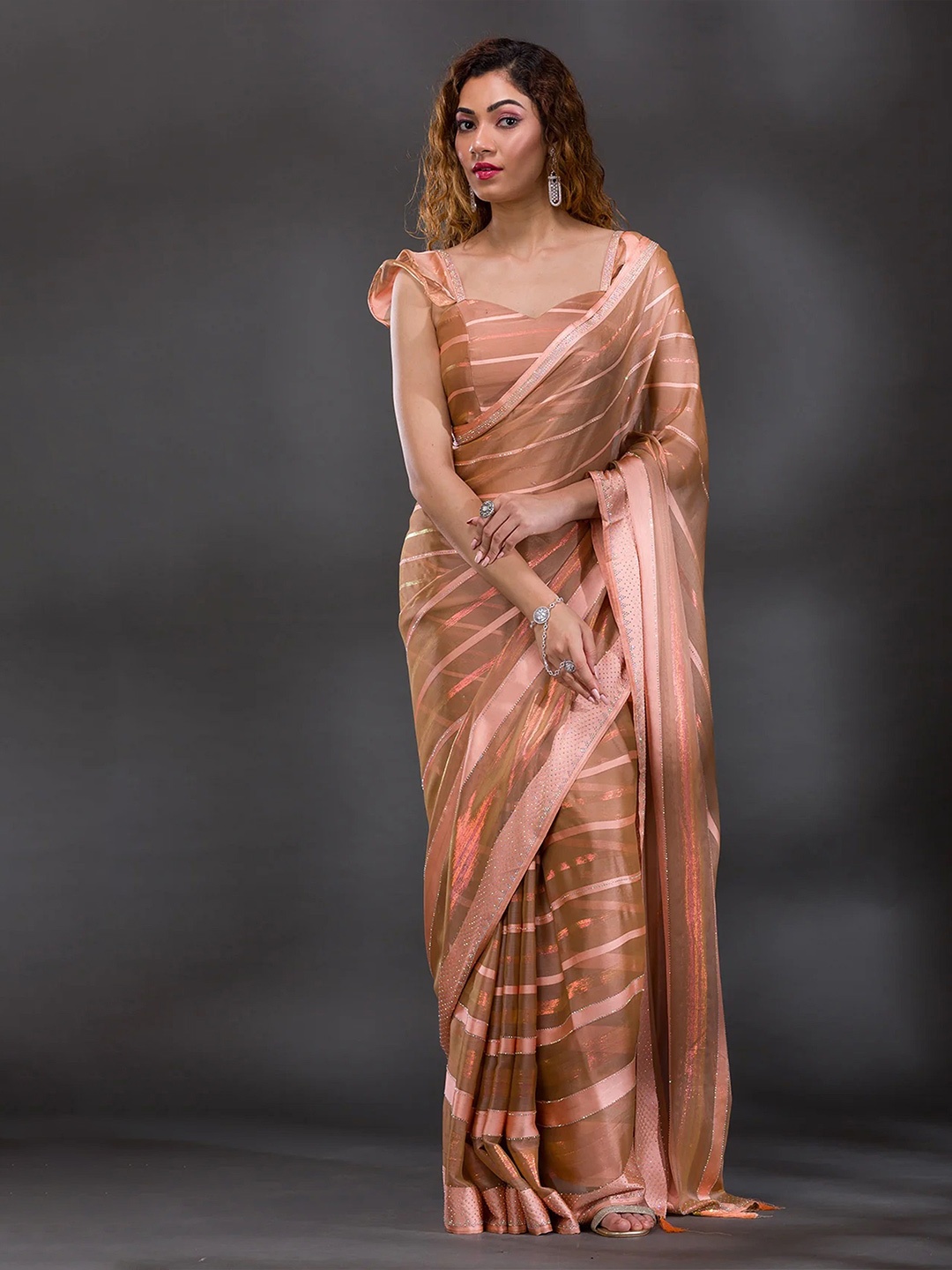 

Trendmalls Striped Beads and Stones Satin Heavy Work Saree, Peach